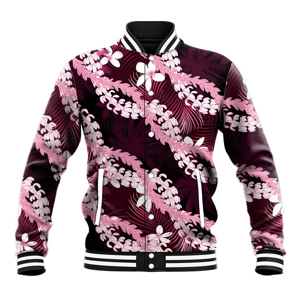 Puakenikeni Maile Lei Baseball Jacket Frangipani Pink Tropical Leaves