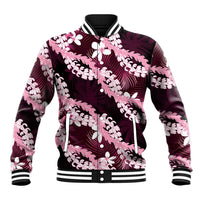 Puakenikeni Maile Lei Baseball Jacket Frangipani Pink Tropical Leaves