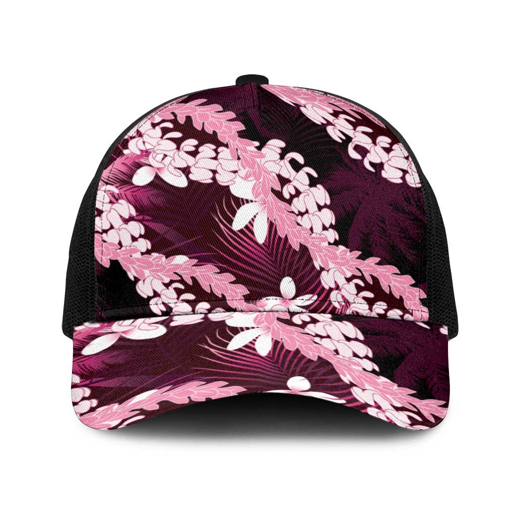 Puakenikeni Maile Lei Baseball Net Cap Frangipani Pink Tropical Leaves LT01 One Size Black Pink - Polynesian Pride