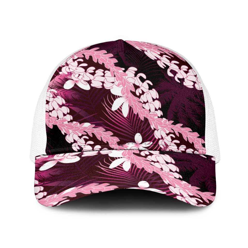 Puakenikeni Maile Lei Baseball Net Cap Frangipani Pink Tropical Leaves LT01 One Size White Pink - Polynesian Pride