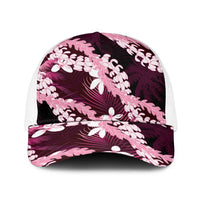 Puakenikeni Maile Lei Baseball Net Cap Frangipani Pink Tropical Leaves LT01 One Size White Pink - Polynesian Pride