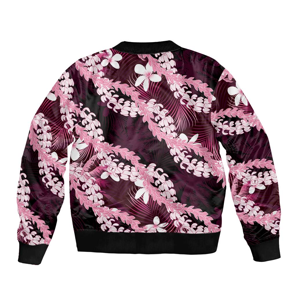 Puakenikeni Maile Lei Bomber Jacket Frangipani Pink Tropical Leaves