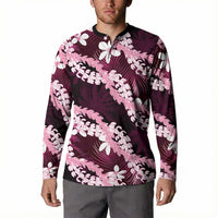 Puakenikeni Maile Lei Button Sweatshirt Frangipani Pink Tropical Leaves