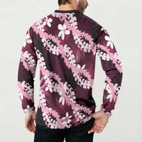 Puakenikeni Maile Lei Button Sweatshirt Frangipani Pink Tropical Leaves