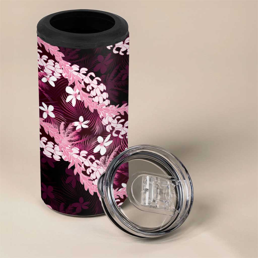 Puakenikeni Maile Lei 4 in 1 Can Cooler Tumbler Frangipani Pink Tropical Leaves LT01 - Polynesian Pride