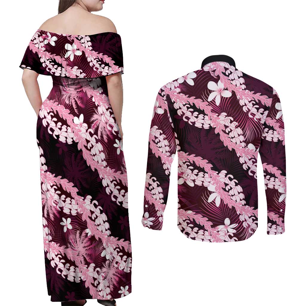 Puakenikeni Maile Lei Couples Matching Off Shoulder Maxi Dress and Long Sleeve Button Shirt Frangipani Pink Tropical Leaves LT01 - Polynesian Pride