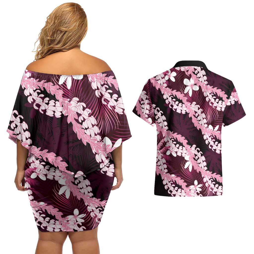 Puakenikeni Maile Lei Couples Matching Off Shoulder Short Dress and Hawaiian Shirt Frangipani Pink Tropical Leaves