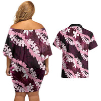 Puakenikeni Maile Lei Couples Matching Off Shoulder Short Dress and Hawaiian Shirt Frangipani Pink Tropical Leaves