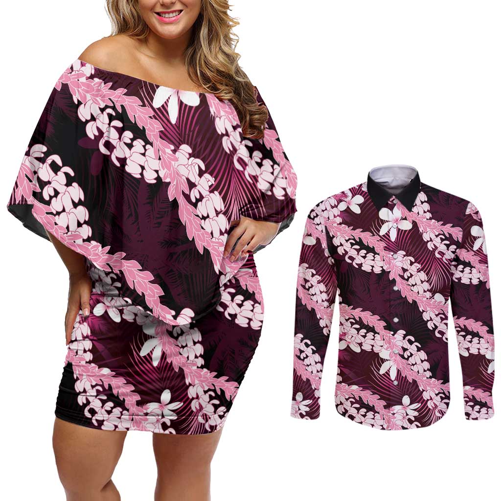 Puakenikeni Maile Lei Couples Matching Off Shoulder Short Dress and Long Sleeve Button Shirt Frangipani Pink Tropical Leaves