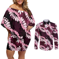 Puakenikeni Maile Lei Couples Matching Off Shoulder Short Dress and Long Sleeve Button Shirt Frangipani Pink Tropical Leaves