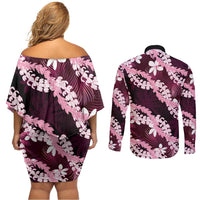 Puakenikeni Maile Lei Couples Matching Off Shoulder Short Dress and Long Sleeve Button Shirt Frangipani Pink Tropical Leaves