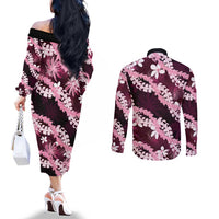Puakenikeni Maile Lei Couples Matching Off The Shoulder Long Sleeve Dress and Long Sleeve Button Shirt Frangipani Pink Tropical Leaves