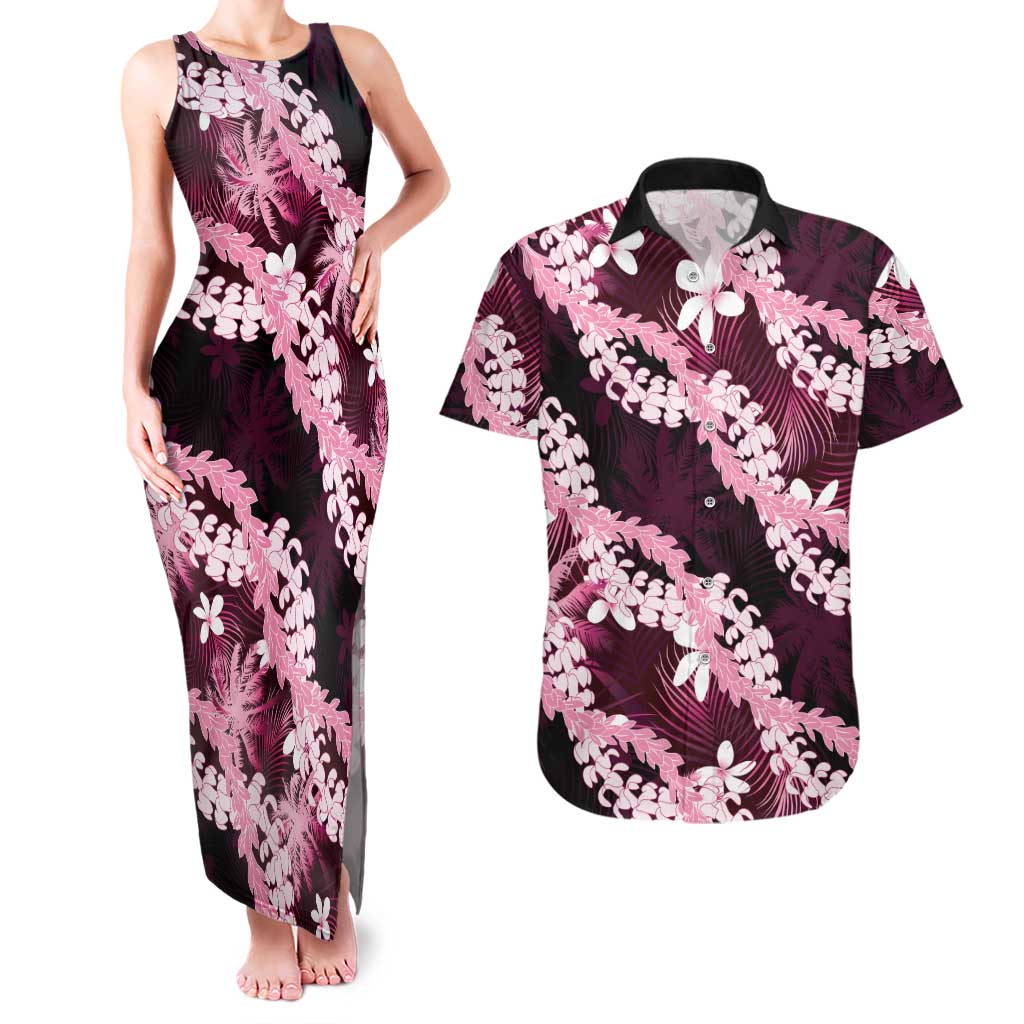 Puakenikeni Maile Lei Couples Matching Tank Maxi Dress and Hawaiian Shirt Frangipani Pink Tropical Leaves