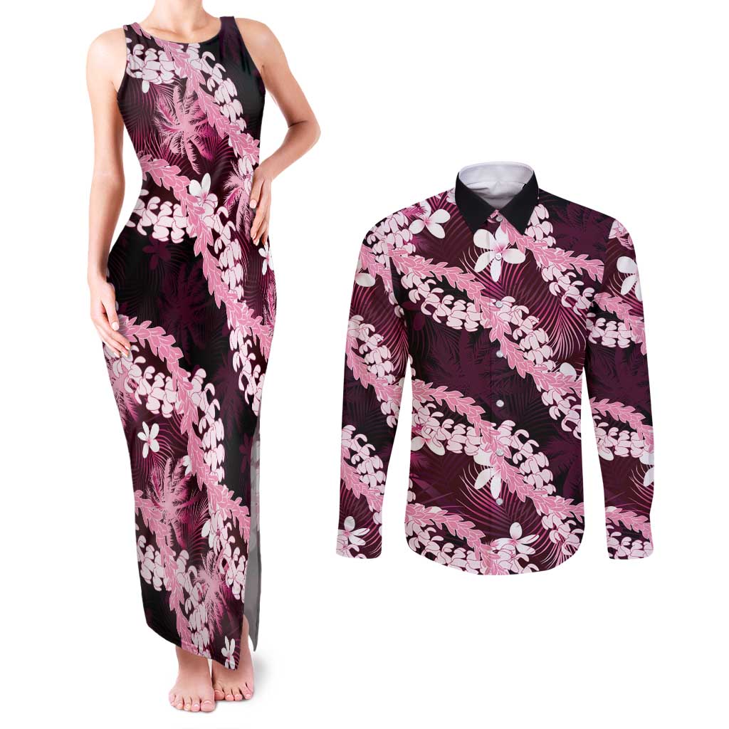 Puakenikeni Maile Lei Couples Matching Tank Maxi Dress and Long Sleeve Button Shirt Frangipani Pink Tropical Leaves