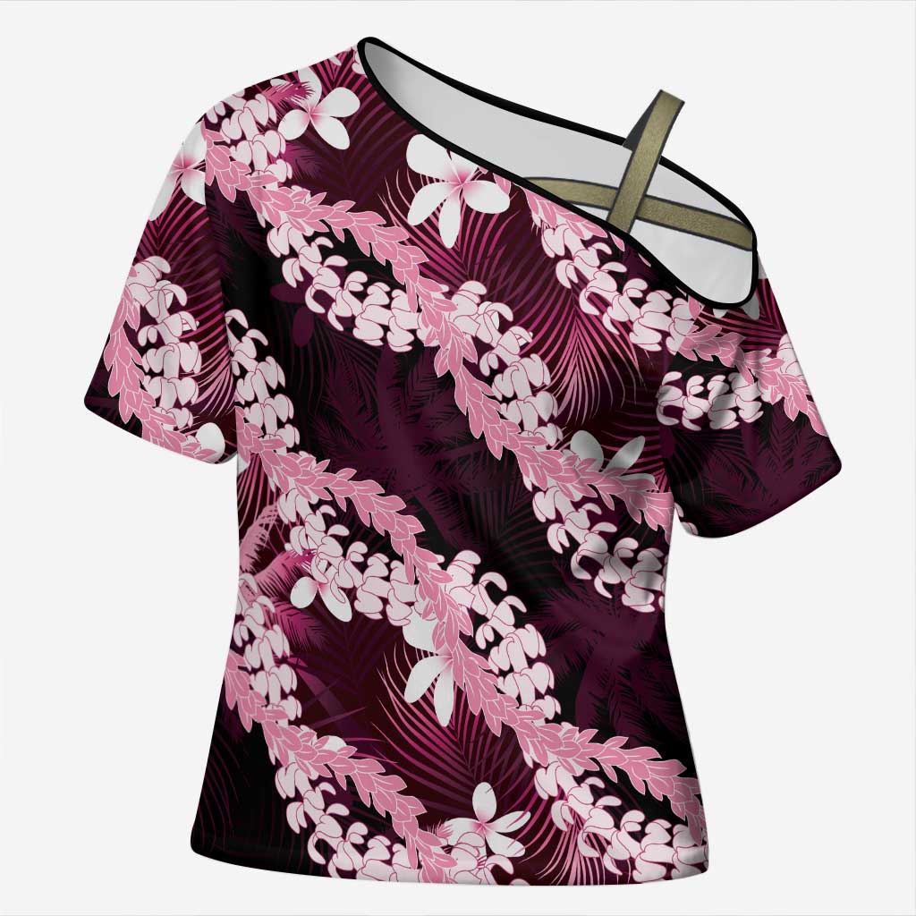 Puakenikeni Maile Lei Cross Shoulder Shirt Frangipani Pink Tropical Leaves LT01 Female Pink - Polynesian Pride