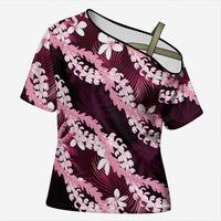 Puakenikeni Maile Lei Cross Shoulder Shirt Frangipani Pink Tropical Leaves LT01 Female Pink - Polynesian Pride