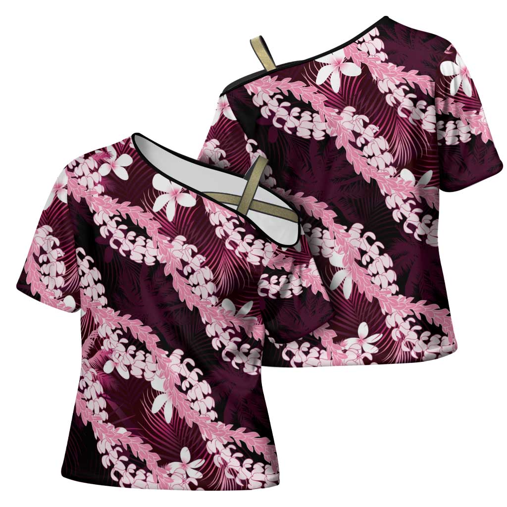 Puakenikeni Maile Lei Cross Shoulder Shirt Frangipani Pink Tropical Leaves LT01 - Polynesian Pride