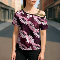 Puakenikeni Maile Lei Cross Shoulder Shirt Frangipani Pink Tropical Leaves LT01 - Polynesian Pride