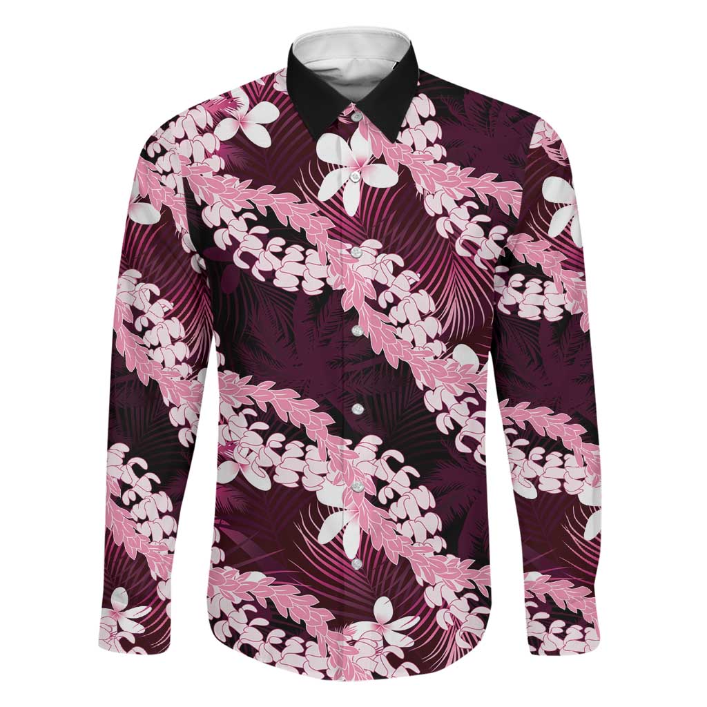 Puakenikeni Maile Lei Family Matching Long Sleeve Bodycon Dress and Hawaiian Shirt Frangipani Pink Tropical Leaves LT01 Dad's Shirt - Long Sleeve Pink - Polynesian Pride