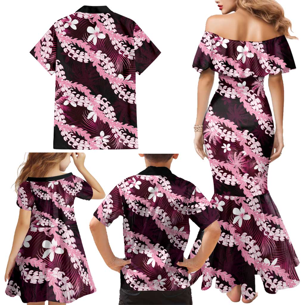 Puakenikeni Maile Lei Family Matching Mermaid Dress and Hawaiian Shirt Frangipani Pink Tropical Leaves LT01 - Polynesian Pride