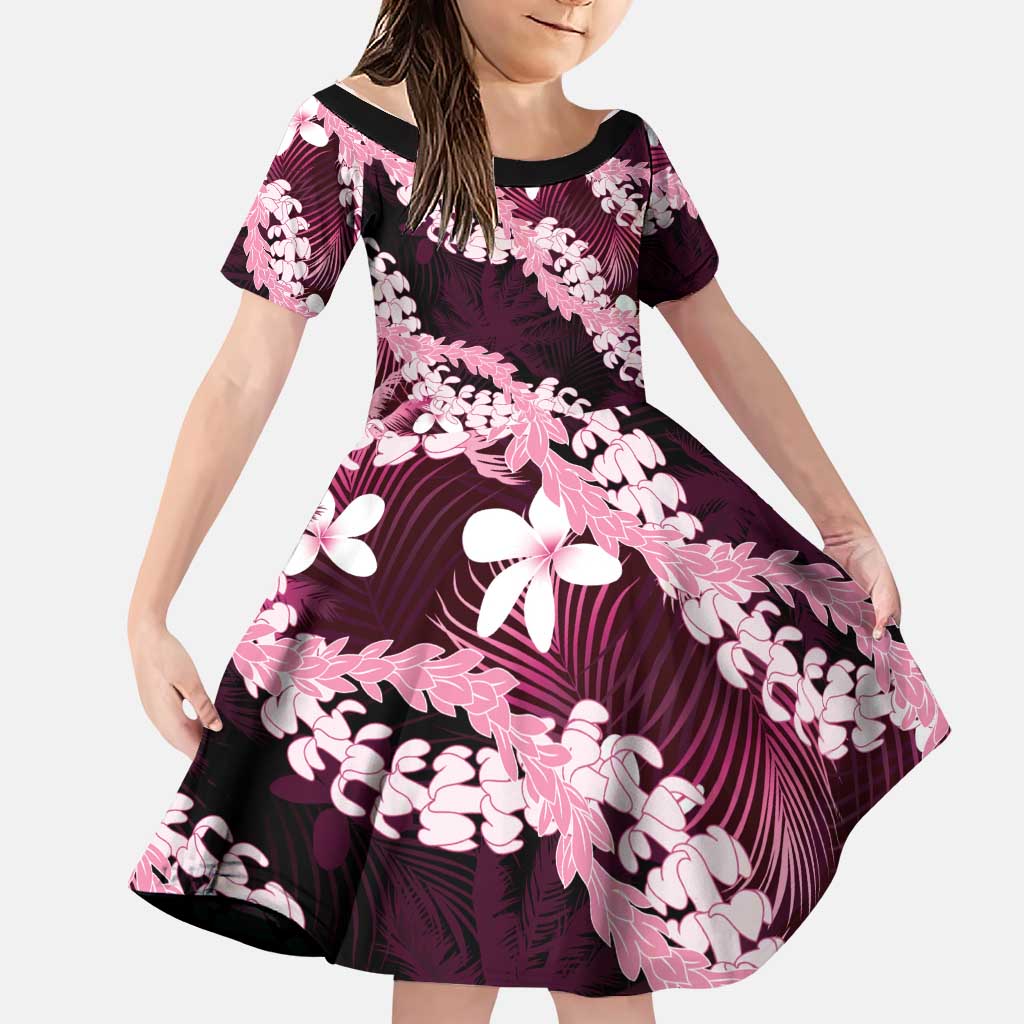 Puakenikeni Maile Lei Family Matching Off The Shoulder Long Sleeve Dress and Hawaiian Shirt Frangipani Pink Tropical Leaves LT01 Daughter's Dress Pink - Polynesian Pride