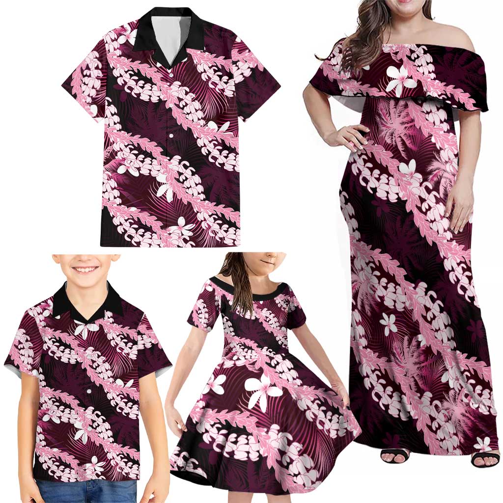Puakenikeni Maile Lei Family Matching Off Shoulder Maxi Dress and Hawaiian Shirt Frangipani Pink Tropical Leaves LT01 - Polynesian Pride