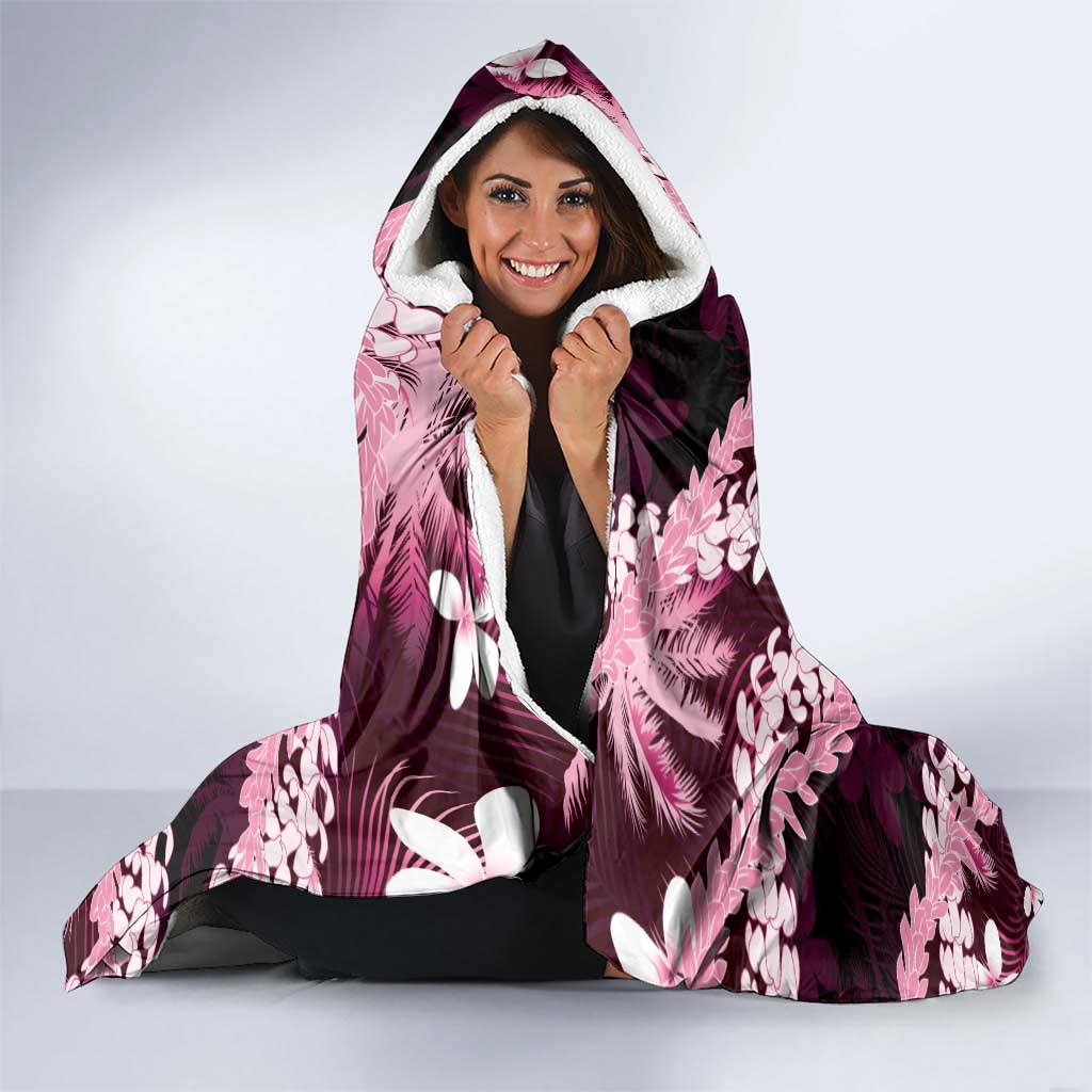 Puakenikeni Maile Lei Hooded Blanket Frangipani Pink Tropical Leaves