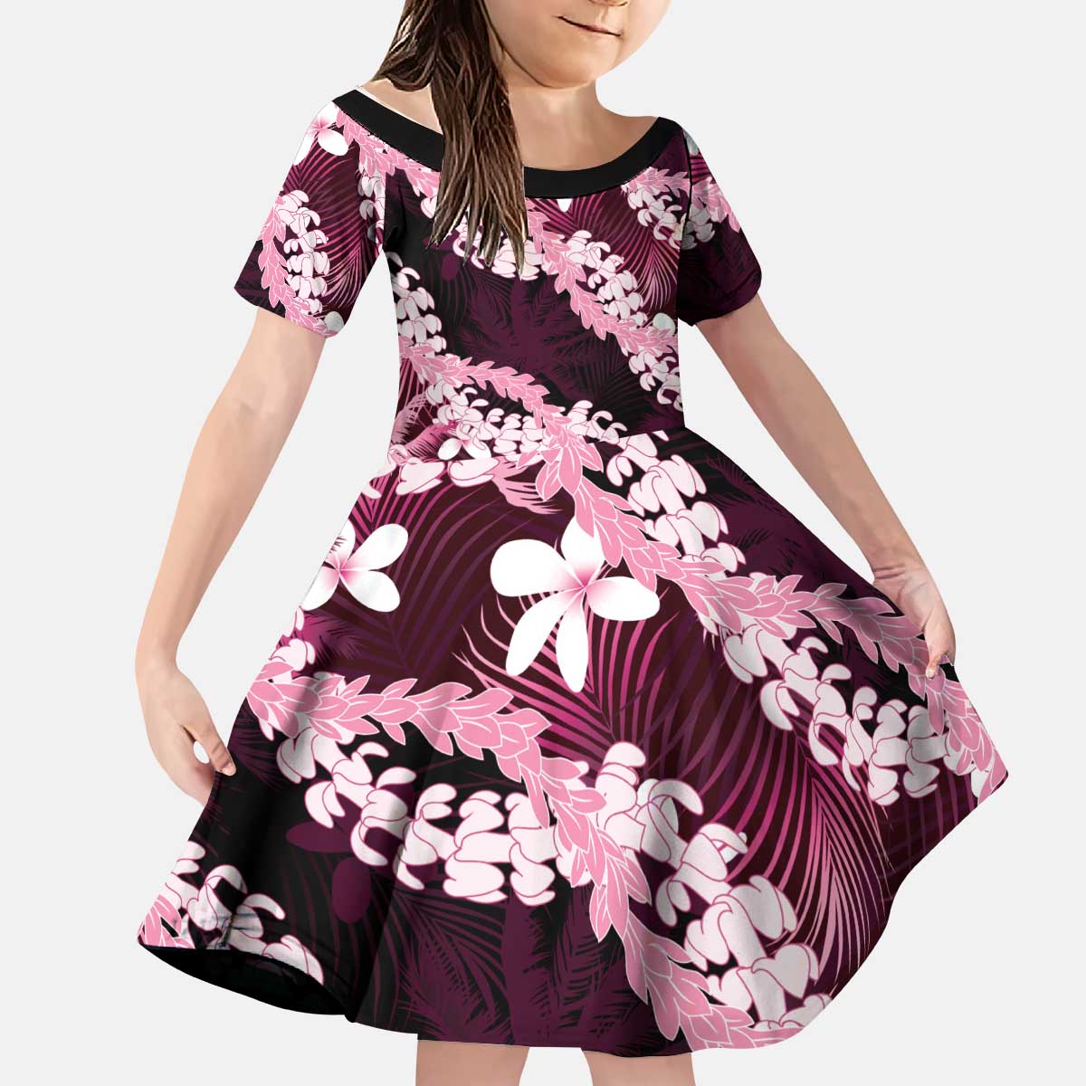 Puakenikeni Maile Lei Kid Short Sleeve Dress Frangipani Pink Tropical Leaves LT01 KID Pink - Polynesian Pride