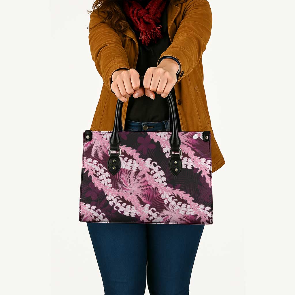 Puakenikeni Maile Lei Leather Bag Frangipani Pink Tropical Leaves