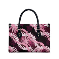 Puakenikeni Maile Lei Leather Bag Frangipani Pink Tropical Leaves