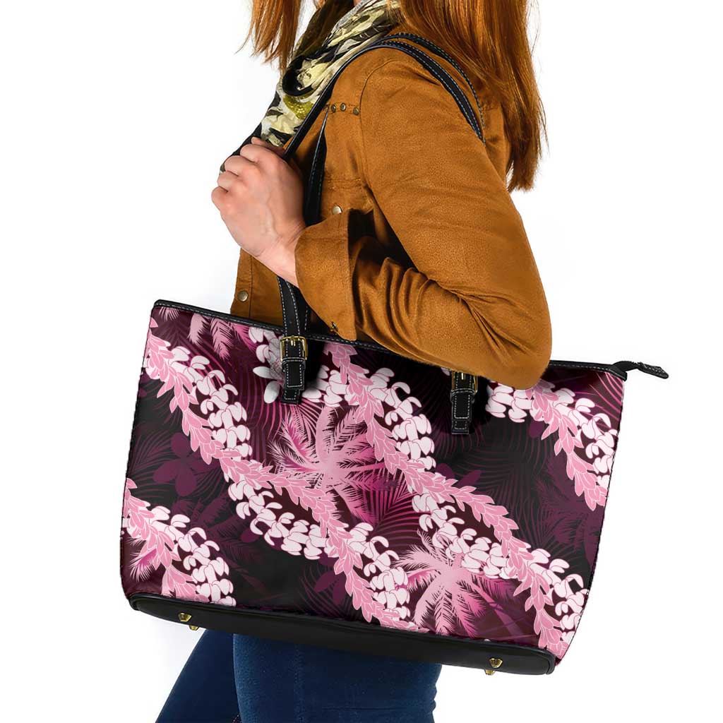 Puakenikeni Maile Lei Leather Tote Bag Frangipani Pink Tropical Leaves