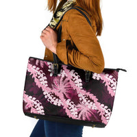 Puakenikeni Maile Lei Leather Tote Bag Frangipani Pink Tropical Leaves