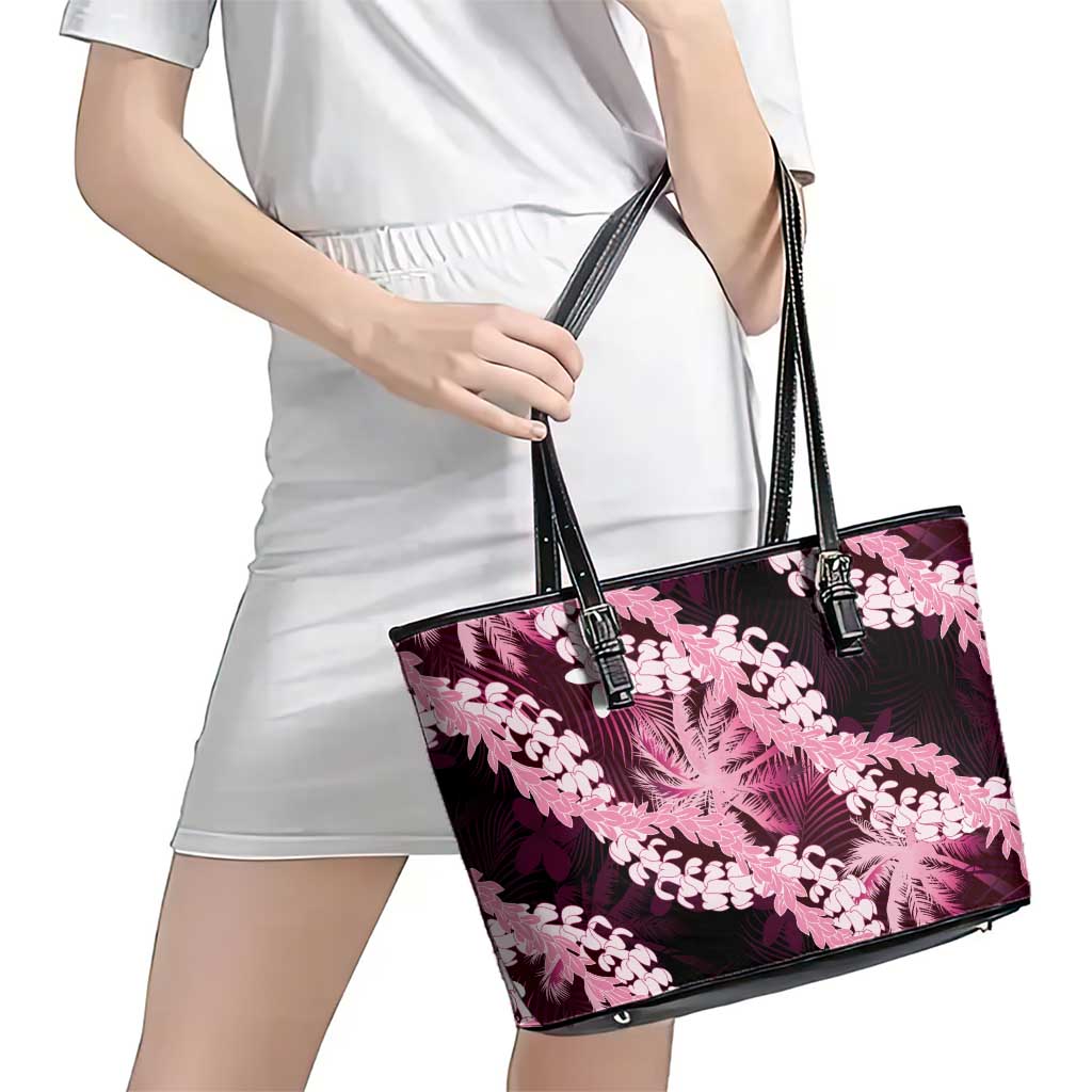 Puakenikeni Maile Lei Leather Tote Bag Frangipani Pink Tropical Leaves