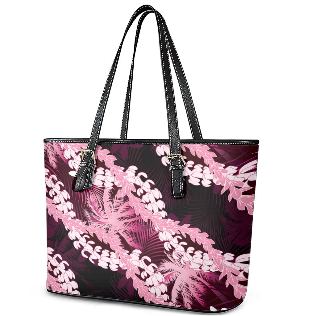 Puakenikeni Maile Lei Leather Tote Bag Frangipani Pink Tropical Leaves