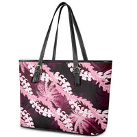 Puakenikeni Maile Lei Leather Tote Bag Frangipani Pink Tropical Leaves