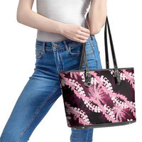 Puakenikeni Maile Lei Leather Tote Bag Frangipani Pink Tropical Leaves