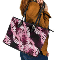 Puakenikeni Maile Lei Leather Tote Bag Frangipani Pink Tropical Leaves