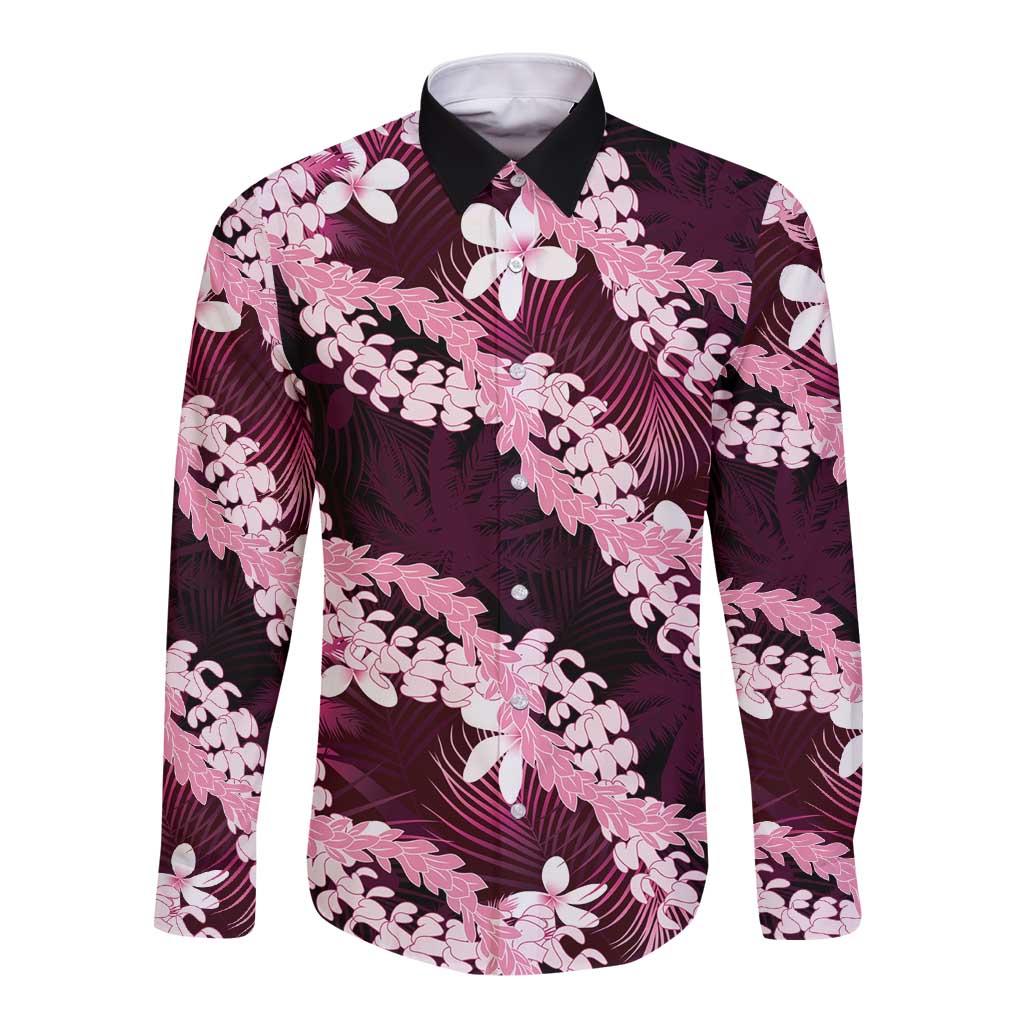 Puakenikeni Maile Lei Long Sleeve Button Shirt Frangipani Pink Tropical Leaves LT01 Unisex Pink - Polynesian Pride