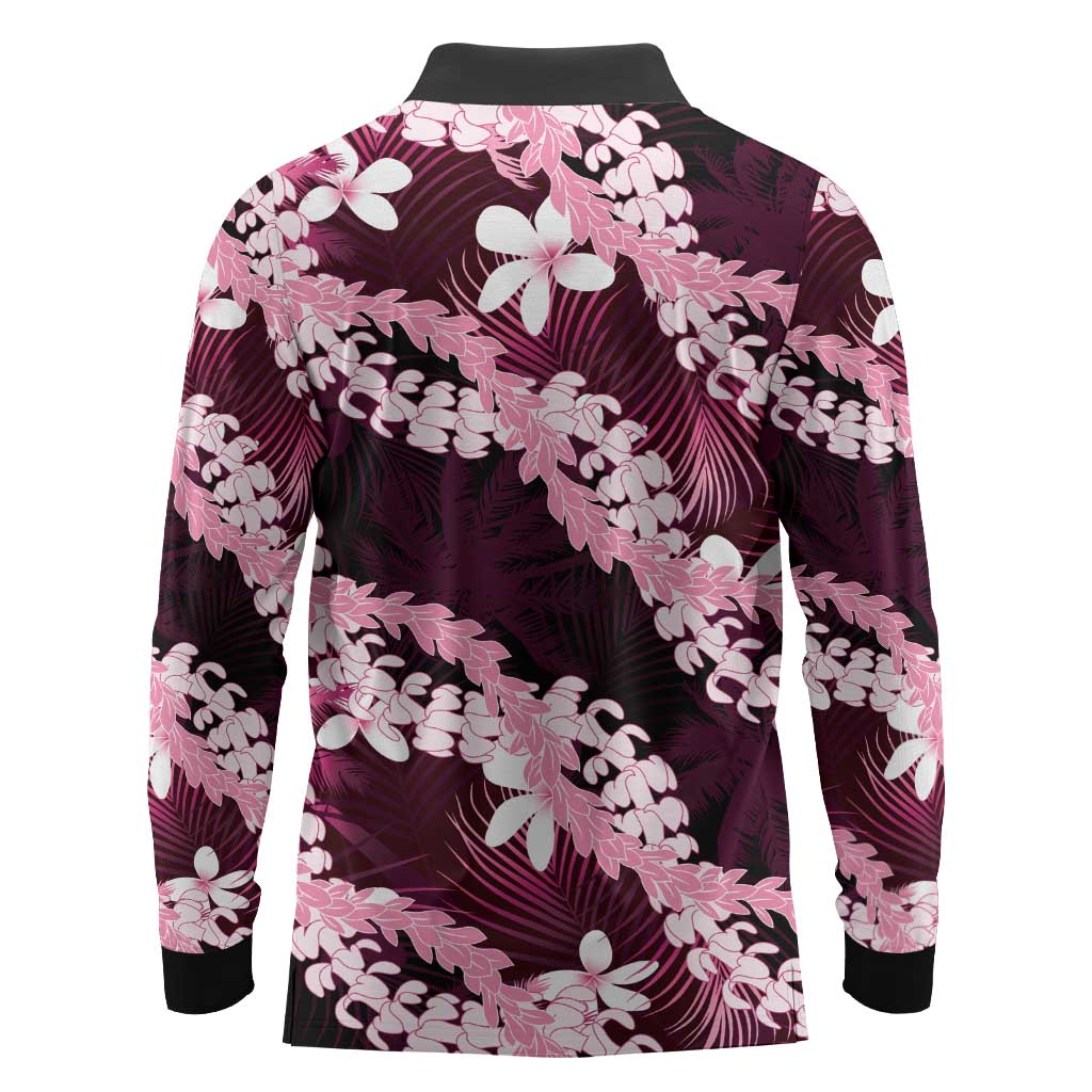 Puakenikeni Maile Lei Long Sleeve Polo Shirt Frangipani Pink Tropical Leaves LT01 - Polynesian Pride