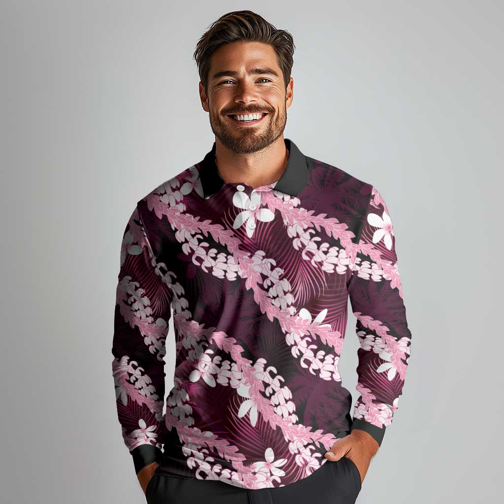 Puakenikeni Maile Lei Long Sleeve Polo Shirt Frangipani Pink Tropical Leaves LT01 - Polynesian Pride