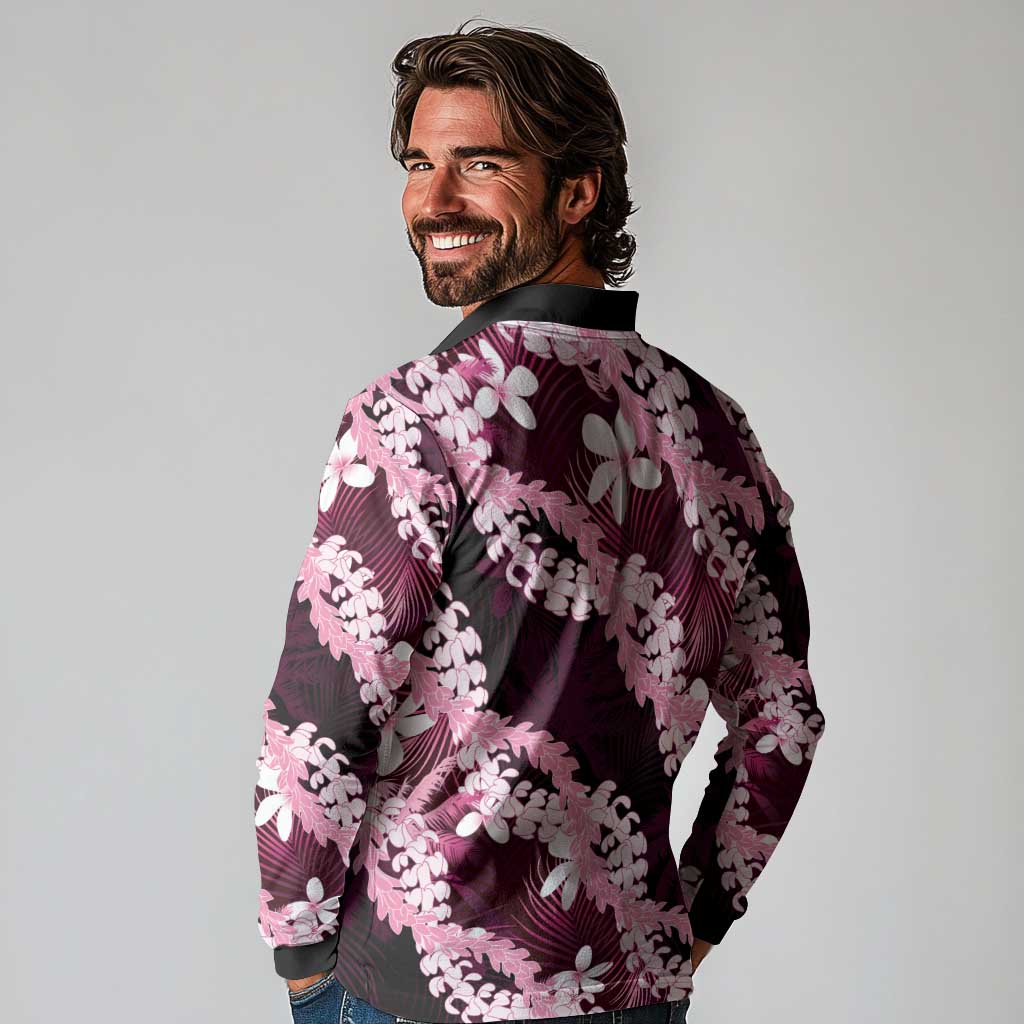 Puakenikeni Maile Lei Long Sleeve Polo Shirt Frangipani Pink Tropical Leaves LT01 - Polynesian Pride
