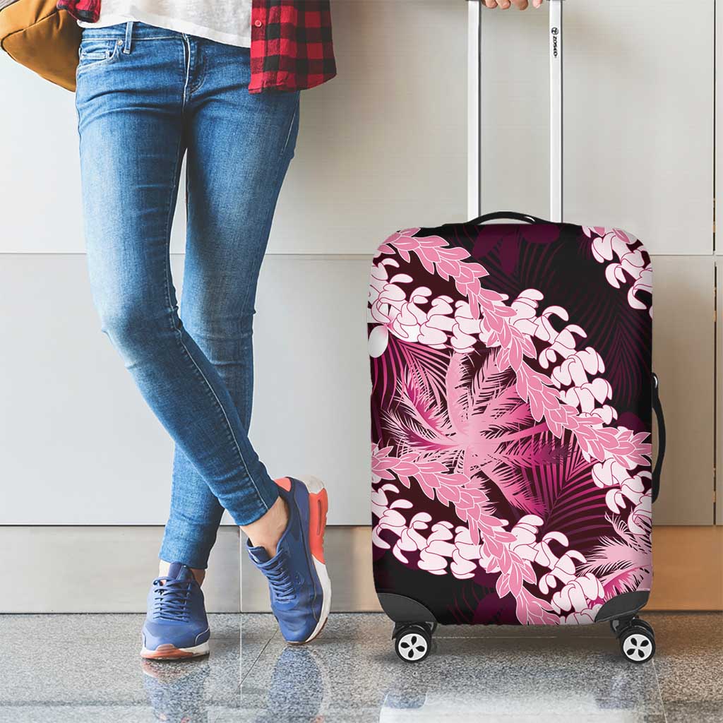 Puakenikeni Maile Lei Luggage Cover Frangipani Pink Tropical Leaves