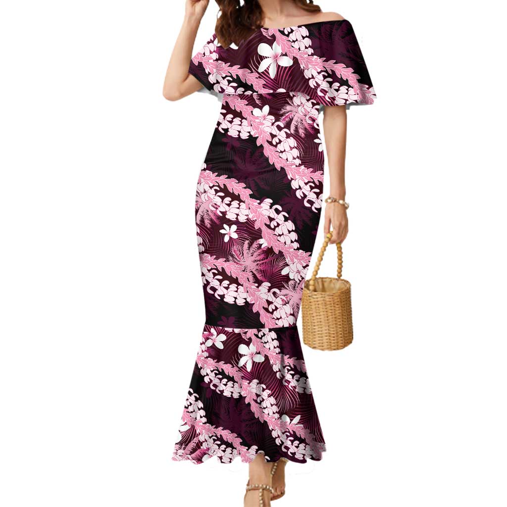 Puakenikeni Maile Lei Mermaid Dress Frangipani Pink Tropical Leaves