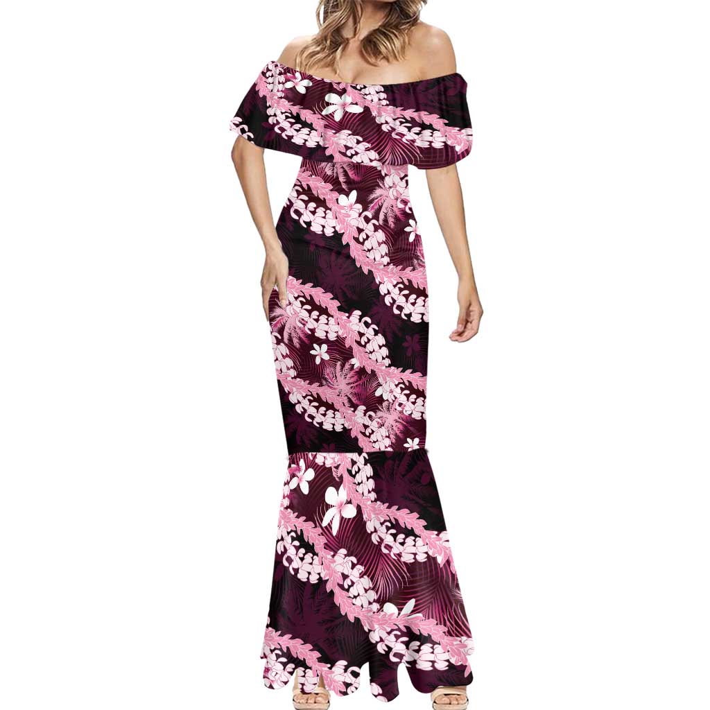 Puakenikeni Maile Lei Mermaid Dress Frangipani Pink Tropical Leaves