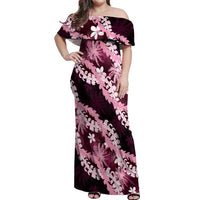 Puakenikeni Maile Lei Off Shoulder Maxi Dress Frangipani Pink Tropical Leaves LT01 Women Pink - Polynesian Pride