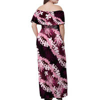 Puakenikeni Maile Lei Off Shoulder Maxi Dress Frangipani Pink Tropical Leaves LT01 - Polynesian Pride