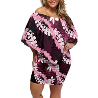 Puakenikeni Maile Lei Off Shoulder Short Dress Frangipani Pink Tropical Leaves LT01 Women Pink - Polynesian Pride