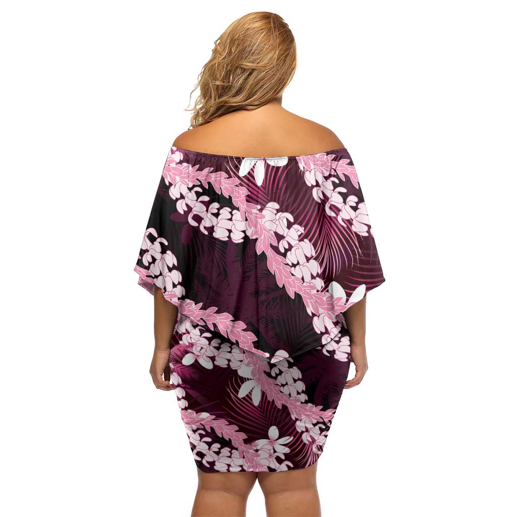 Puakenikeni Maile Lei Off Shoulder Short Dress Frangipani Pink Tropical Leaves LT01 - Polynesian Pride