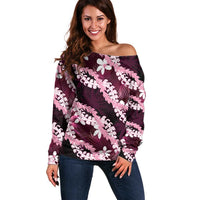 Puakenikeni Maile Lei Off Shoulder Sweater Frangipani Pink Tropical Leaves