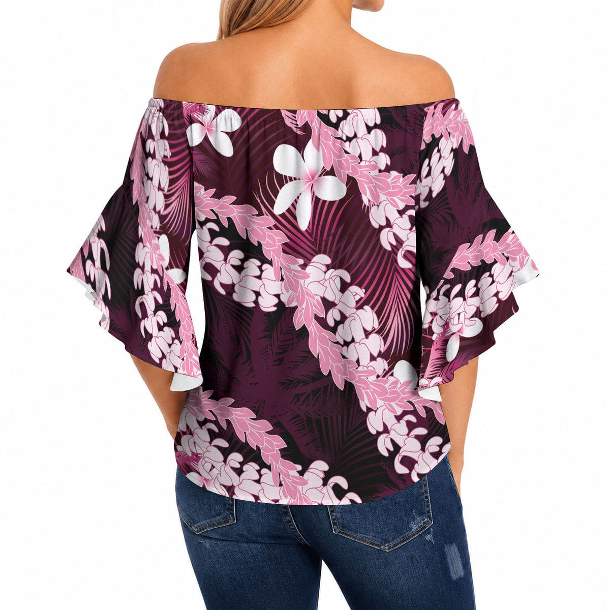 Puakenikeni Maile Lei Off Shoulder Wrap Waist Top Frangipani Pink Tropical Leaves LT01 - Polynesian Pride